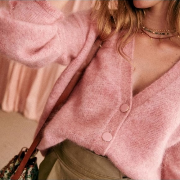 Sezane Mia Mohair Wool V Neck Button Ruffle Knit Cardigan Sweater Pink - Picture 1 of 11